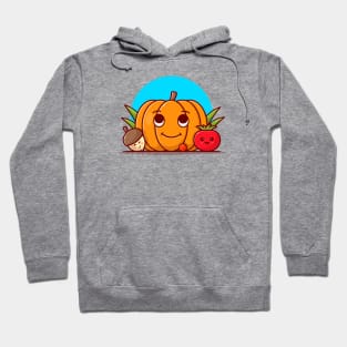 Happy Cute Pumpkin with Cute Acorn and Tomato Cartoon Vector Icon Illustration Hoodie